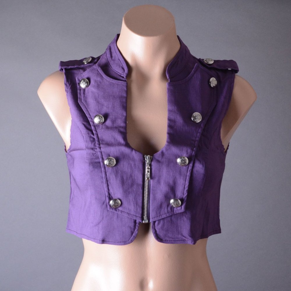 Purple Military Steampunk Goth Punk Sexy Sleeveless Zip Up Crop Top Vest S M L